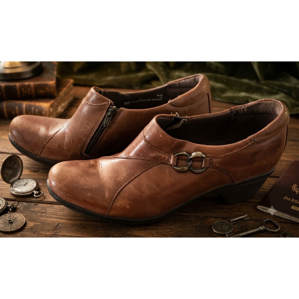 Clarks Womens Brown Leather Side Zip Wedge Booties Ankle Shoes 8M 83598 Comfort